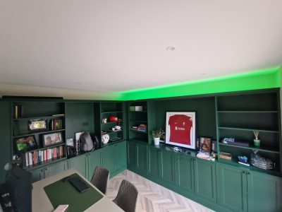 an office room painted in a dark green scaled