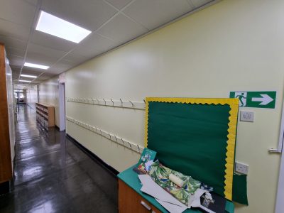 the painted hallway of a school corridor scaled