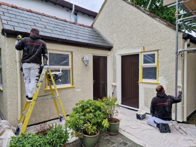 mc painters decorating a house while using a yellow ladder